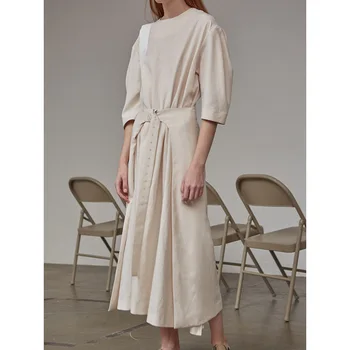 

2020 New Women OL Office Midi Dress O-neck Short Sleeve Lady Split Logo embroideried Belt Lace-up Long Dresses