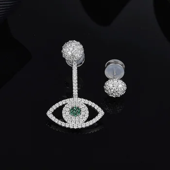 

100% S925 Sterling Silver Asymmetric Demon Eye Micropave Cubic Zirconia Green CZ Earrings Women's Party Brand Design Jewelry