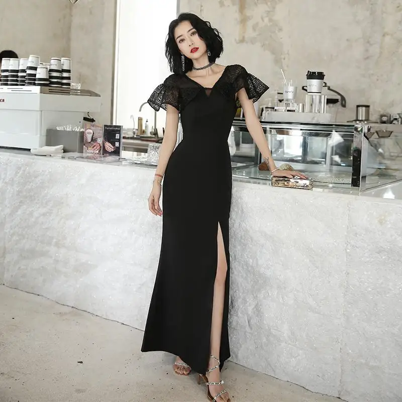 Сексуальное женское платье с высоким разрезом, Qipao, воротник-стойка, Cheongsam, элегантное, большой размер, 3XL, Русалка, вечернее платье, изысканное, Vestidos - Цвет: Black 7