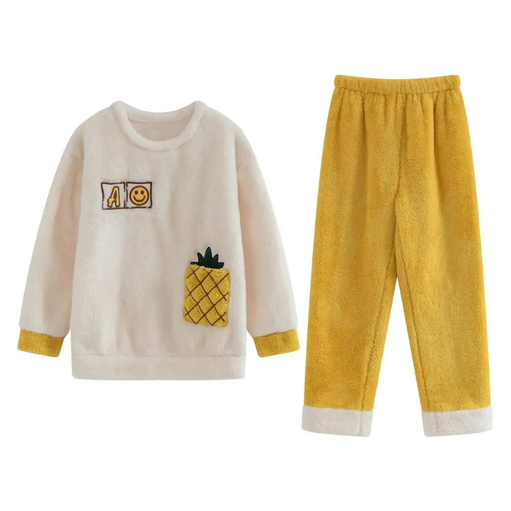 

Autumn and Winter Round Neck Coral Velvet Thickening Girls Pajamas Pineapple Print Cute and Comfortable Two-piece Home Clothes