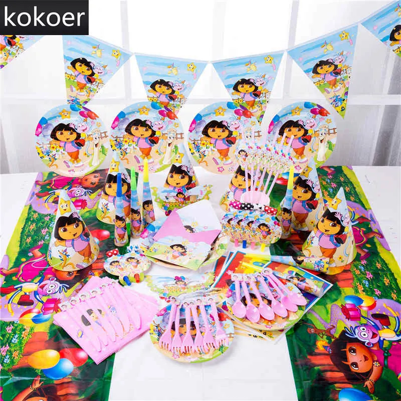 Cartoon Dora The Explorer Einweg Pappbecher Platten Servietten Banner Tischdecke Baby Dusche Geburtstag Party Dekoration Lieferungen