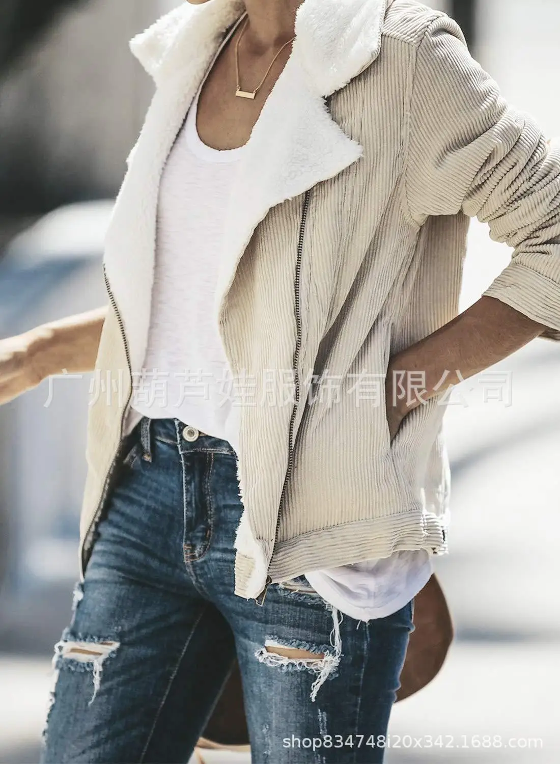 

2019 Autumn WOMEN'S Dress Women's Fold-down Collar Zipper Artificial Fur Wool Jacket with Pocket