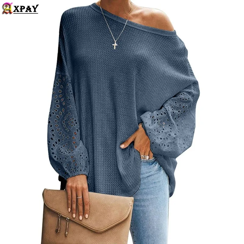 

Loose Hollow Out Long Sleeved T-shirt Female Plus Size 2020 Women Fashion Clothing Casual Solid O-Neck Pullover Kawaii Clothes