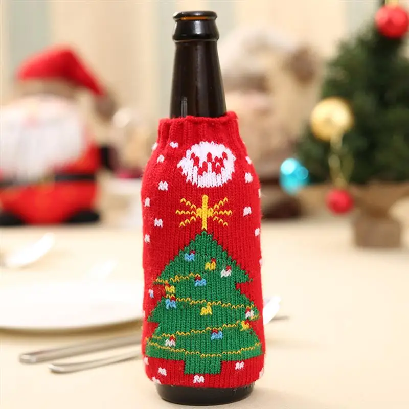 4PCS Christmas Wine Bottle Knitting Cover Cartoon Beer Bottle Decor Bottle Bags Pouch for Dinner Party