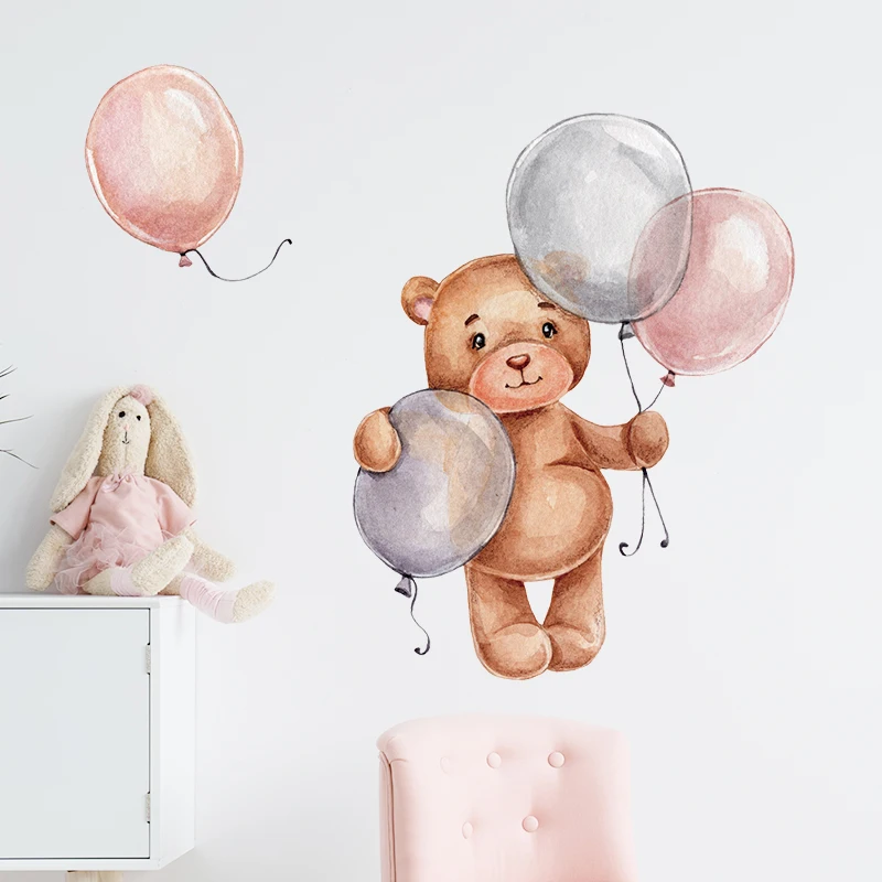 Standing Teddy Bear with Pink Grey Balloons Wall Stickers for Kids Room Baby Nursery Decoration BABY Shower Decals PVC | Дом и сад