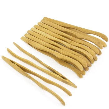 

16cm Reusable Bamboo Tongs, Curved Arms, wood color - 10 Pieces - Toast Tongs