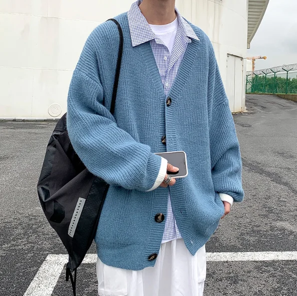 

2020 Autumn And Winter Men Clothes Loose Fashion Solid Color Knitted Cardigan Casual Simple Youth Sweater Size M-2XL