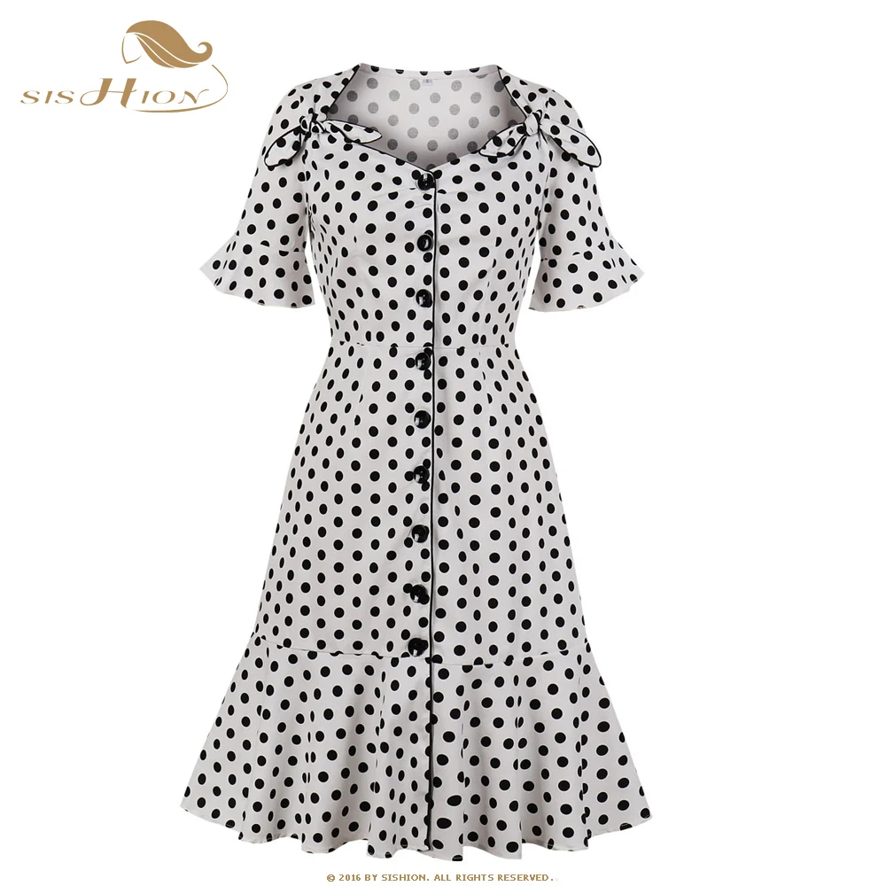 

SISHION Bow Polka Dots Vintage Dress SP0733 Elegant Mermaid Women Ladies Retro White Cotton Dress