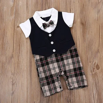 

New Baby Boy's Romper Plaid Bow Tie Short Sleeve Gentleman Harajuku Fake Two Piece Jumpsuit Baby Wear Khaki Black Hot