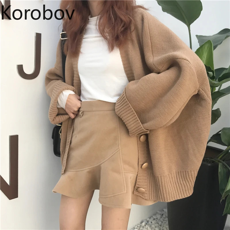 Korobov корейский однотонный однобортный женский кардиган Harajuku BF Стильный вязаный с