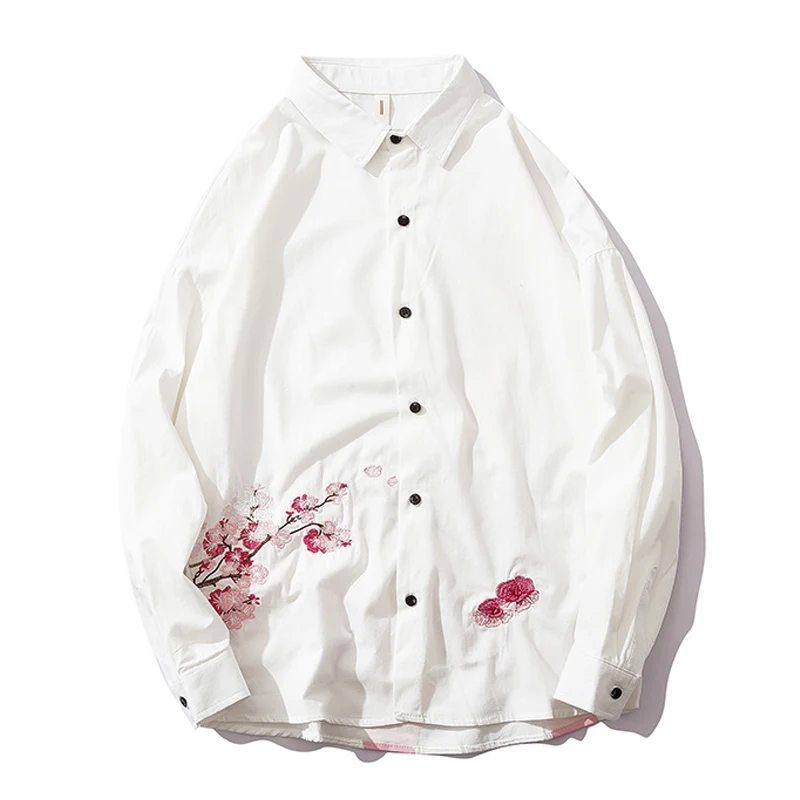 

April MOMO 2019 Autumn Shirt Cherry Blossoms Embroidery Shirts Men Japanese Style Long Sleeve Casual Shirts Male Cotton