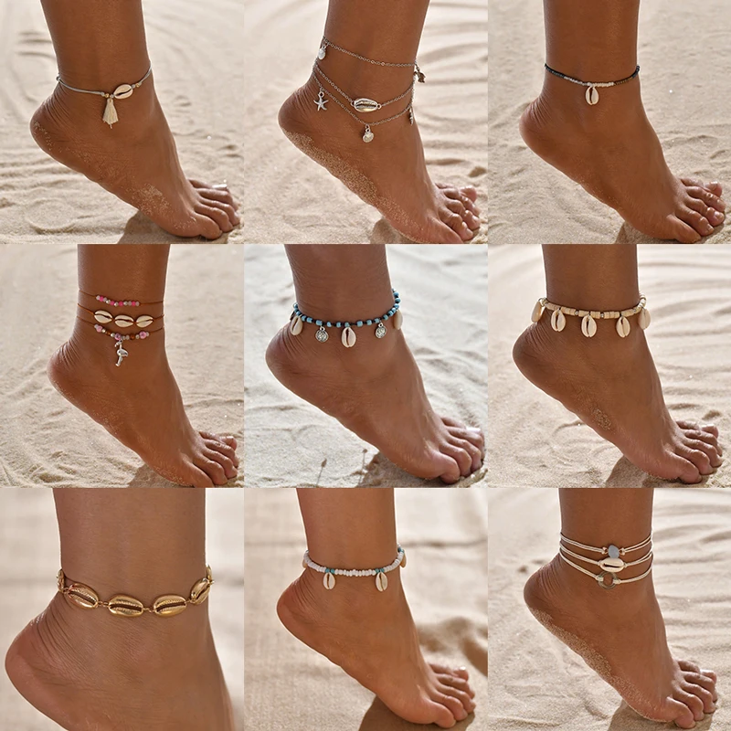 

Vagzeb Vintage Antique Gold Color Anklet Women shell Beads Geometric Bracelet Charm Bohemian Ankle Bracelet Boho Foot Jewelry