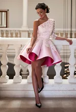 

Sexy A Line Lace Pink Short 2019 Elegant Satin Appliques One Shoulder Three Quarter Sleeve New Arrival Gowns bridesmaid dresses