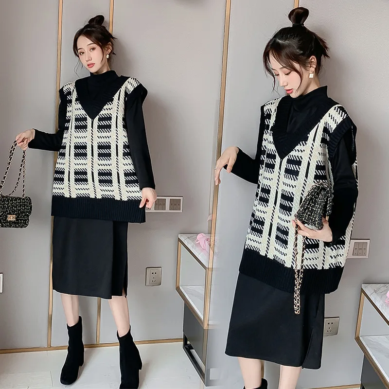 

Breastfeeding Set 2019 Autumn Korean-style Mid-length over-the-Knee Nursing Dress + Fashion Knitted Sweater Waistcoat
