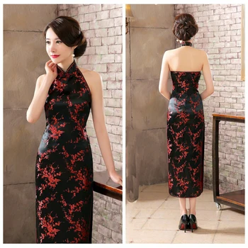 

Black Red Floral Backless Lady Qipao Sexy Satin Vestido Vintage Button Cheongsam Mandarin Collar Novelty Stage Show Clothes