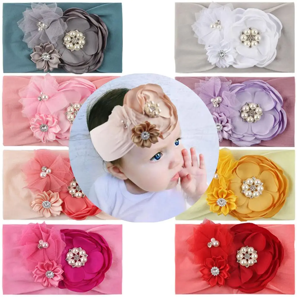 

Spring Baby Solid Cross Pearls Flowers Headband For Girls Kids Twisted Elastic Hairband Turban Newborn Children Hair Accessories