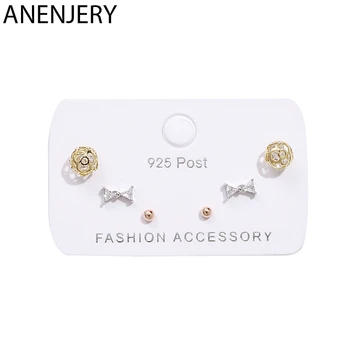 

ANENJERY Hollow Exquisite Ziron Ball Bowknot Dot Earrings For Women Small 6-piece Earrings Set Jewelry Gift S-E1227