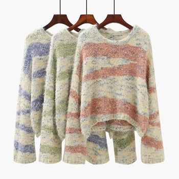 

striped knitted women sweater and pullovers 2020 winter new o-neck flare sleeved loose all match female pulls tops