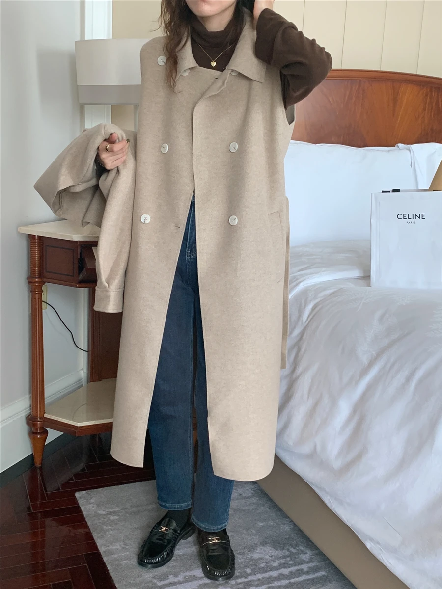 Vintage Lapel Detachable Shawl Faux Wool Blend Coats 2022 New Korean Long Jackets Two-piece Double-sided Woolen Coat bubble coat women