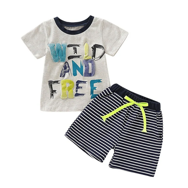 

O-Neck 1-4T Letter Print Striped Summer Baby Boys Short Sleeve Letter Print Tops Blouse Shirt+Striped Shorts Casual Outfits Sets