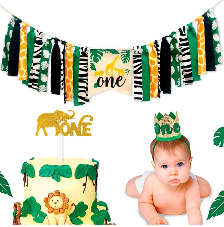 FENGRISE 1st Birthday Party Decoration Kids Banner Hat Cake Topper Jungle Safari Birthday Party Supply Animal First Birthday Boy