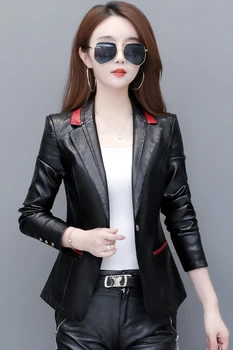

New spring Autumn Women Motorcycle Faux PU Leather Jackets Suit with a button coat woman Biker Outerwear Coat plus size S-5XL