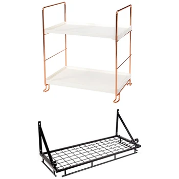 

Kitchen Metal Art Storage Rack Wall Mount Storage with Hooks 45cm & Desktop Storage Rack Rose Gold 2 Layers