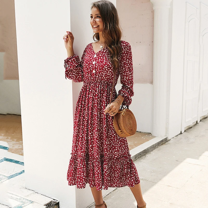 Jujube red Lossky женское осеннее платье с длинным рукавом, корейское Модное Элегантное Длинное платье с v-образным вырезом, желтое женское повседневное одежда средней длины Vestido - Цвет: Jujube red