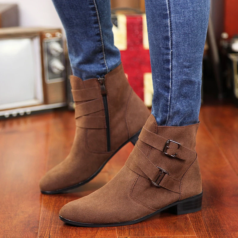 Gran ante para Hombre, botines informales de ante marrón con hebilla, zapatos de tacón grueso, Botas en punta, invierno, 2021| | -