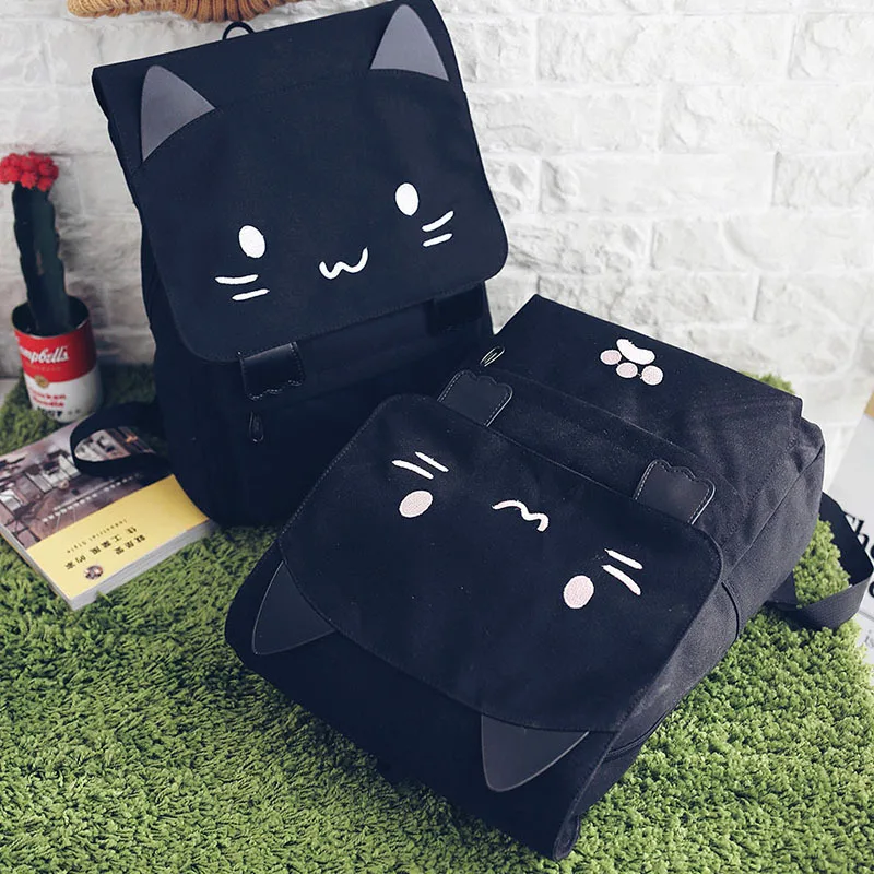 2023 Cat Canvas Backpack Cartoon Embroidery Female Backpacks For Teenage Girls School Bag Cute Printing Rucksack mochilas X69H