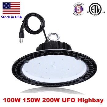 

100W 150W 200W UFO High Bay LED Lights 5000K Bright White, Industrial Highbay Light, Warehouse Light Fixtures, AC 90-277V, ETL