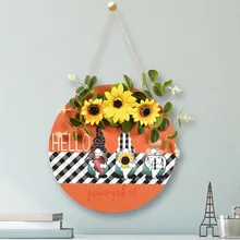 New Round Wooden Hanging Tag Sunflower Flower Harvest Festival Thanksgiving Day Decoration Pendant Home Garden Decoration Gnomes