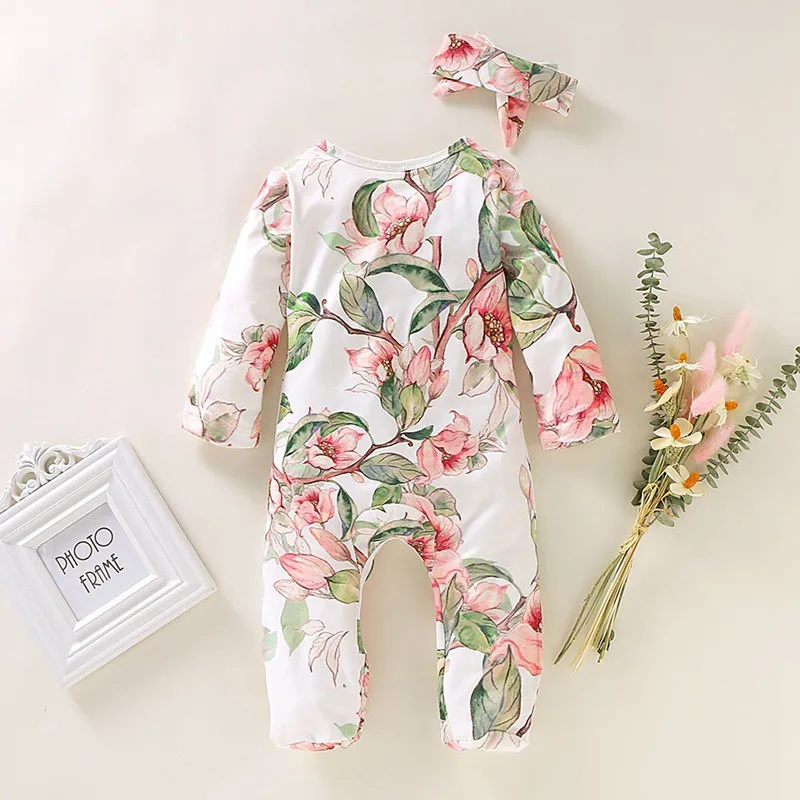 Summer Infant Girls Jumpsuit Round Collar Long Sleeve Floral Print Climb Soft Romper And Hairband Two-piece Set