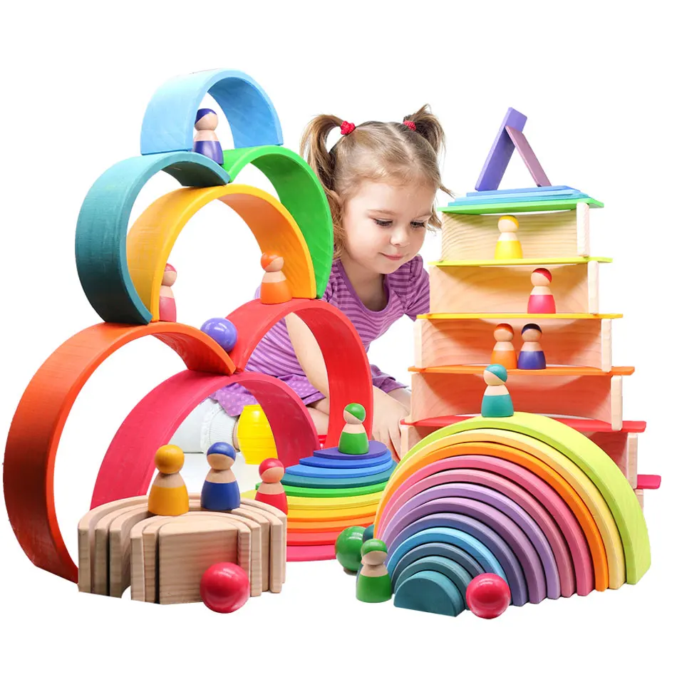 Large Size Rainbow Building Blocks Wood Puzzle Learning Toy Gifts Set of 12 