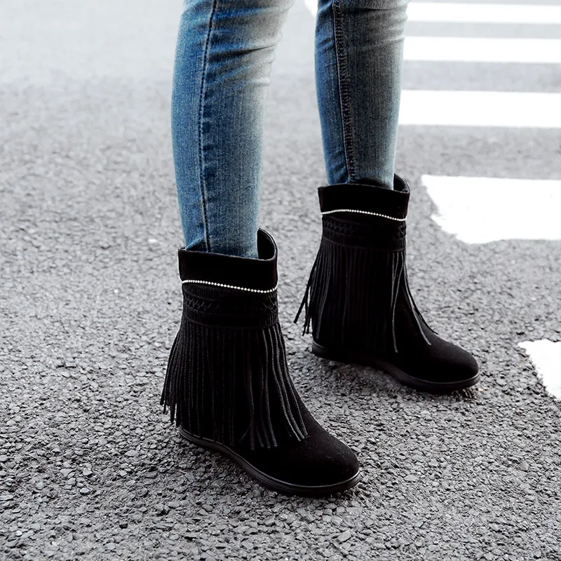 

Fashion Gothic Ladies Boots Autumn Big Size Tassel Shoes String Bead Knitting Fringe Black Red Ankle Boots Female 2018