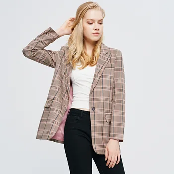 

FMFSSOM Spring Autumn Plaid Single Button Long Sleeve Straight Slim Women Lady Blazer Suit