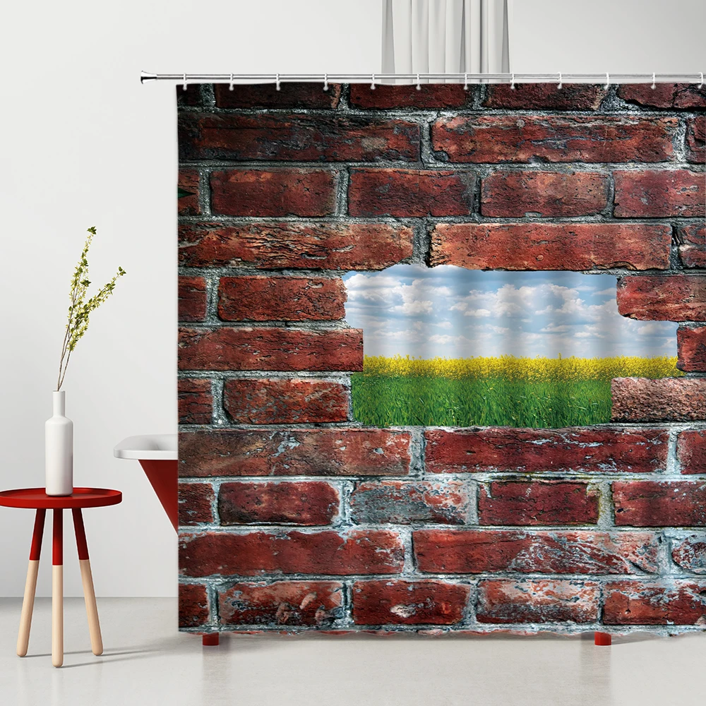 

Stone Wall Shower Curtain Set Old-Fashioned Stone Wall Red Brick Wall Retro Bathtub Jewelry Waterproof And Mildew Proof