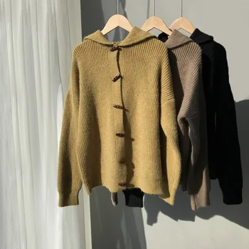 

2019 Winter Hooded Sweater New Solid Color Horn Button Coat Top Women's Knitted Cardigan