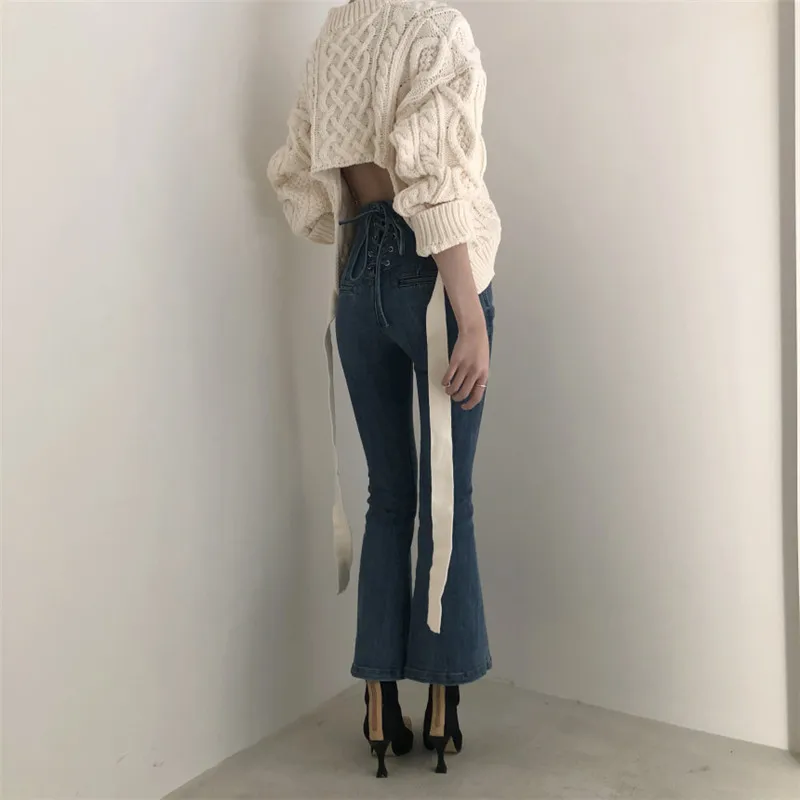 RUGOD, новинка, женские джинсовые брюки с завышенной талией и перекрестными ремешками, корейские шикарные сексуальные брюки