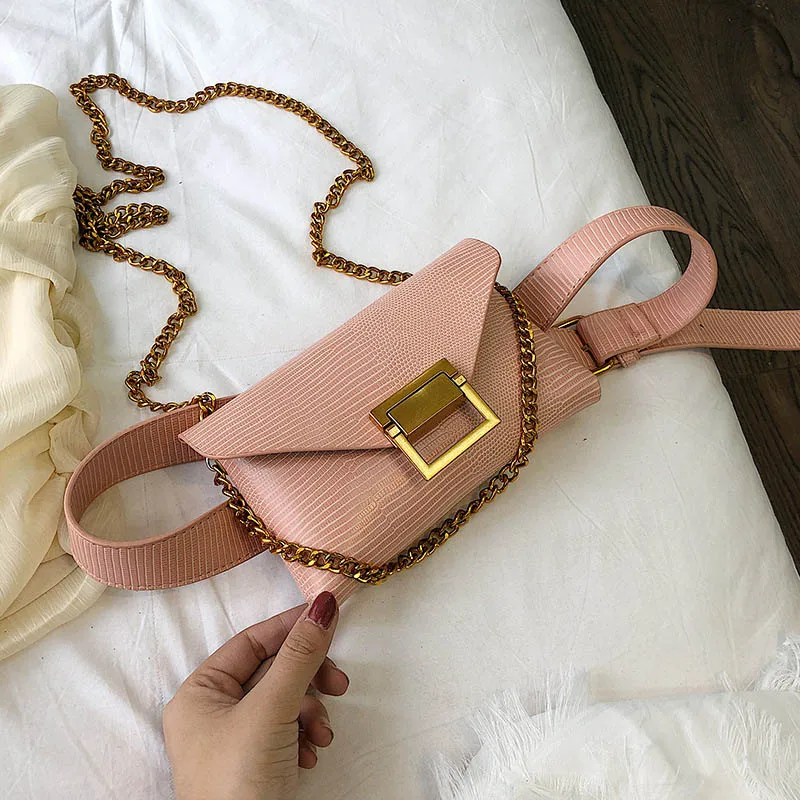 Women Pouch Leather Fanny Pack Female Belt Lizards Chest Pack High Quality Brand Fanny Pack Kidney Shoulder Bags Messenger Bags - Цвет: Pink Waist pack