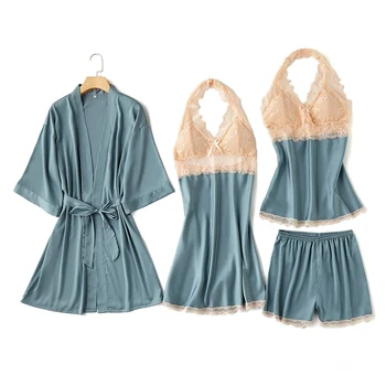 

New Women's Pajamas Silk Floral Overall Print 4Pcs Pajama Set Satin Pyjamas Sexy Lace Pijama Nightie Sleepwear Home Clothes