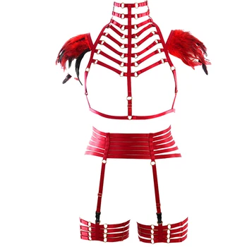 

Red Feather Harness Set Harajuku Gothic Strappy Elastic Adjust Plus Size Tops Sexy Hollow Out Lingerie Full Bondage Dance Rave