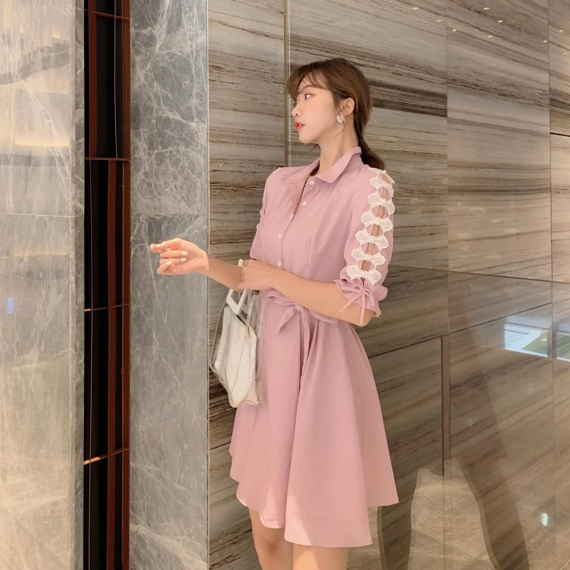 

2019 Summer Wear New Style Korean-style Lace Beaded Hollow out A- line Skirt France Non-mainstream Dress Women's
