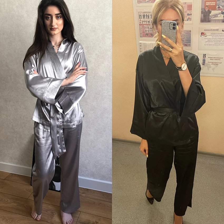 Women Robes With Sashes 2 Piece Set Wrist Sleep Tops Satin Pants Loose Pajamas Casual Sleepwear Female Home Suits