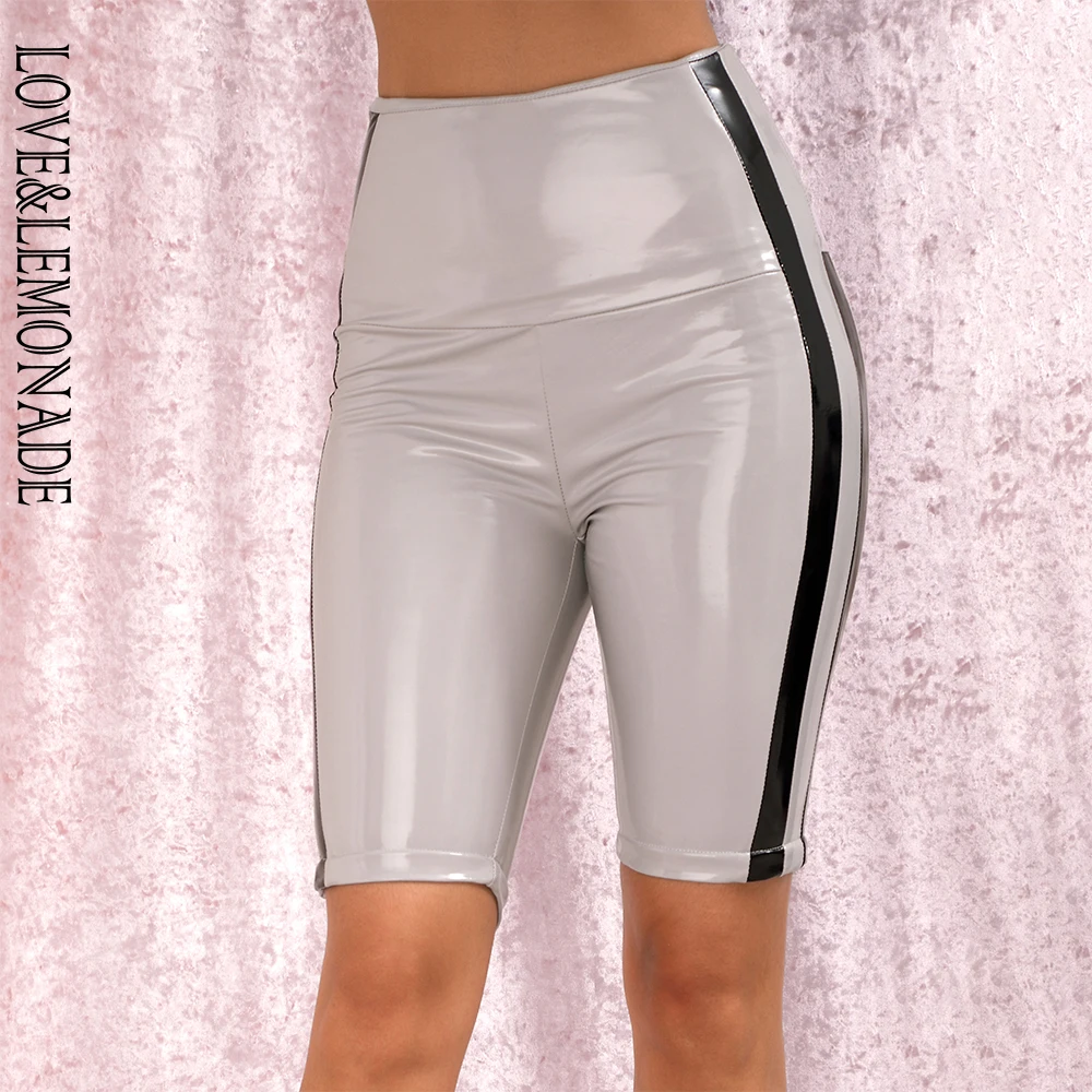 

LOVE&LEMONADE Sexy Gary High Waist Stitching Stripe Reflective Elastic PU Shorts LM82013 Aurumn/Winter