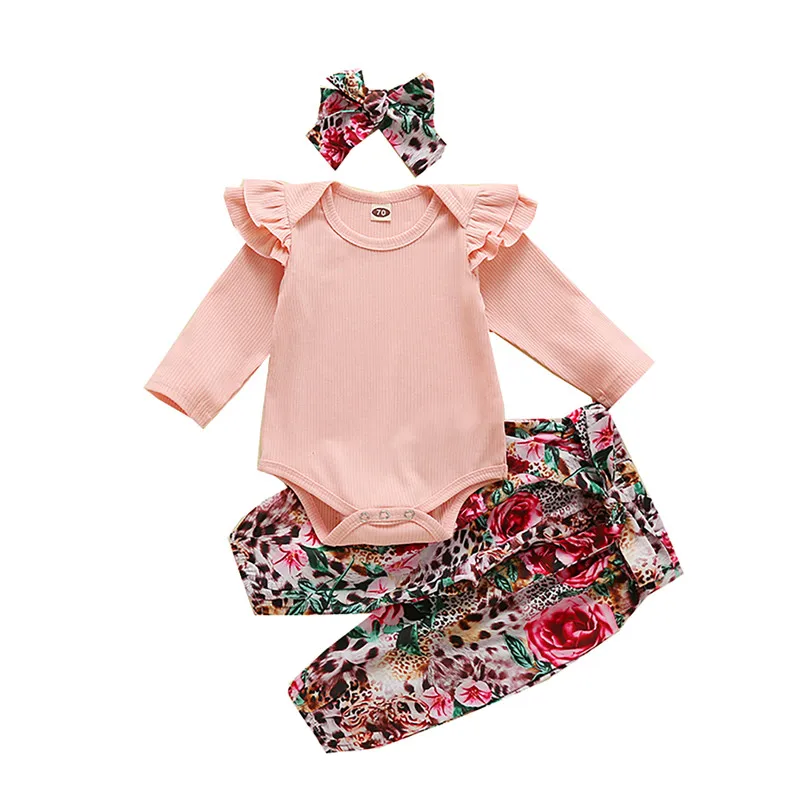 

New Born Girls Clothing Solid Lace Long Sleeve Bodysuits Flower Printing Long Pants with Hair 3-piece Suits Newborn Set