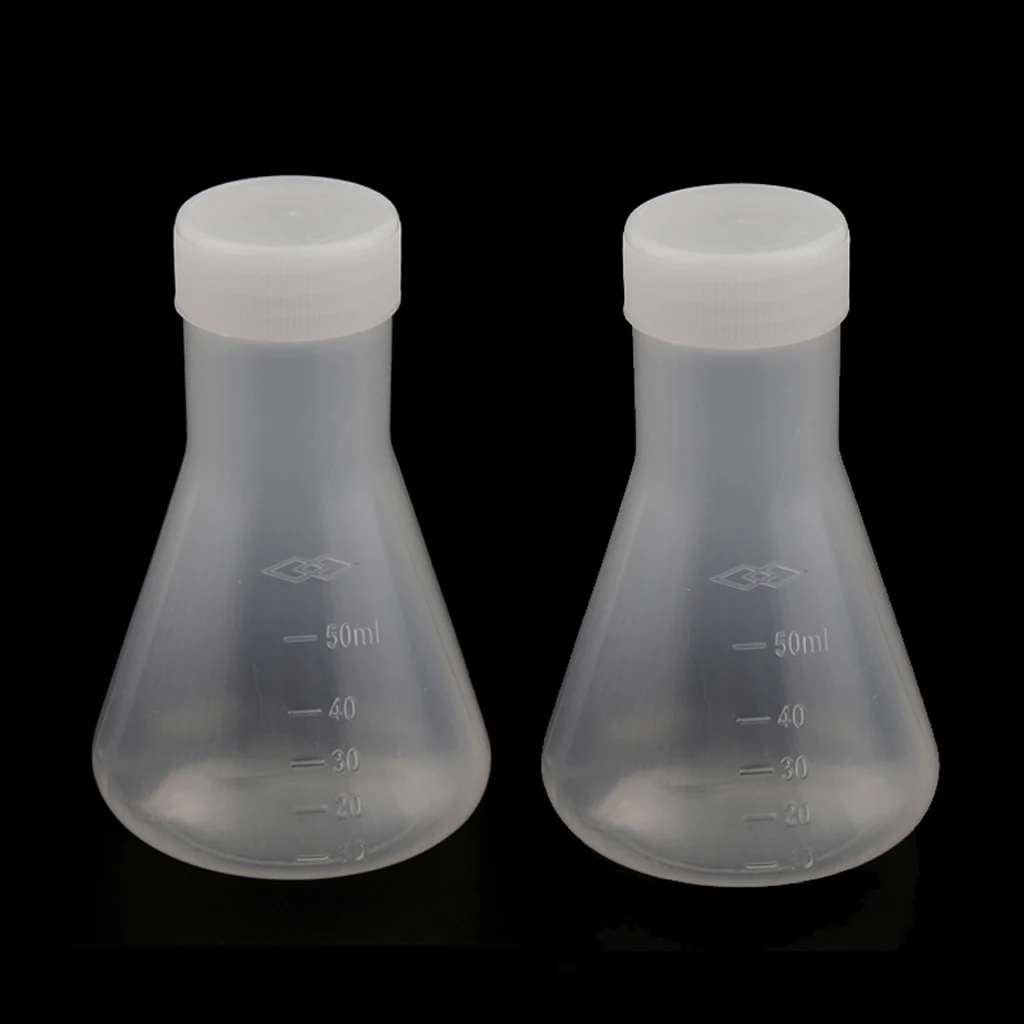 2 Pieces 50ml Lab Graduated Plastic Conical Erlenmeyer Flask with Cap