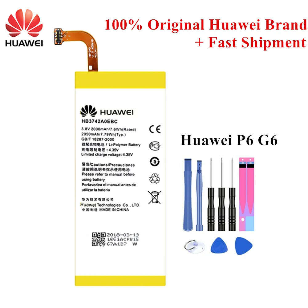 100% Оригинальный аккумулятор HB3742A0EBC для Huawei Ascend P6 G6 U06 G620 G621 G620s G630 2000/2050 мАч +