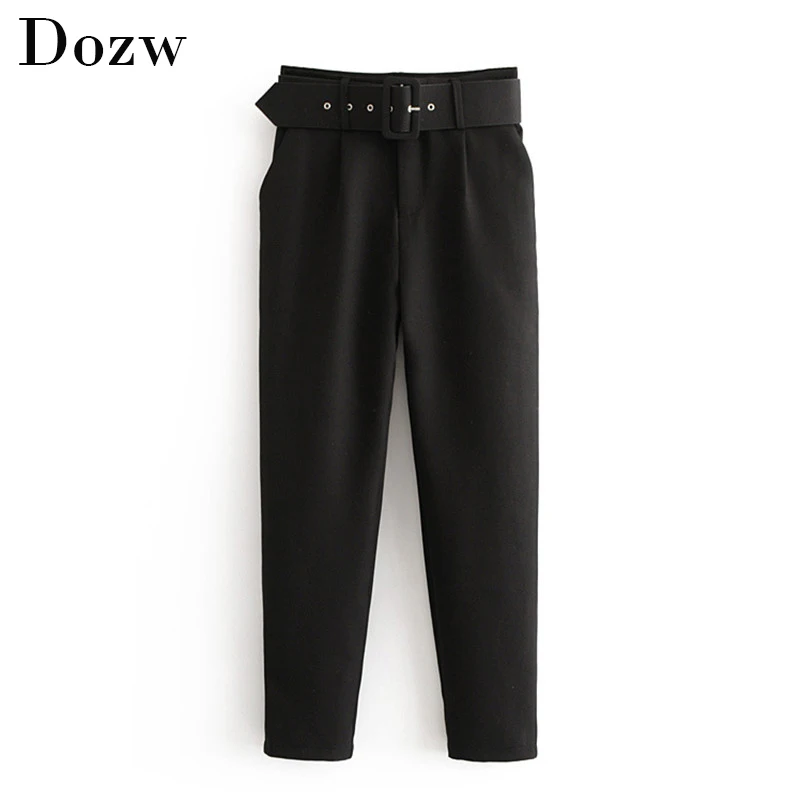 Office Lady Black Suit Pants with Belt Women High Waist Solid Long