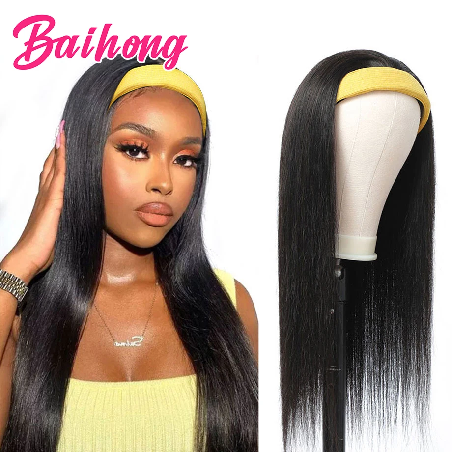Headband Wig Human Hair Straight 30 Inch Glueless Brazilian Remy Hair Machine Made Pre-Attached Scarf Wigs For Black Woman